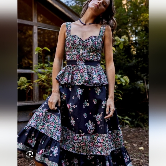 HUNTER BELL Dresses & Skirts - Hunter Bell Lacey Floral Patchwork Ruffle Peplum Midi Dress
